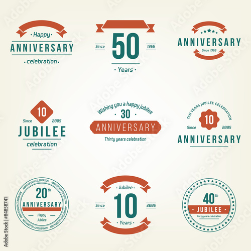 Vector set of anniversary signs, symbols. 10, 20, 30, 40, 50 years jubilee design elements collection.