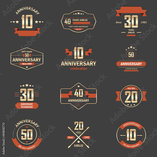 Vector set of anniversary signs, symbols. 10, 20, 30, 40, 50 years jubilee design elements collection.