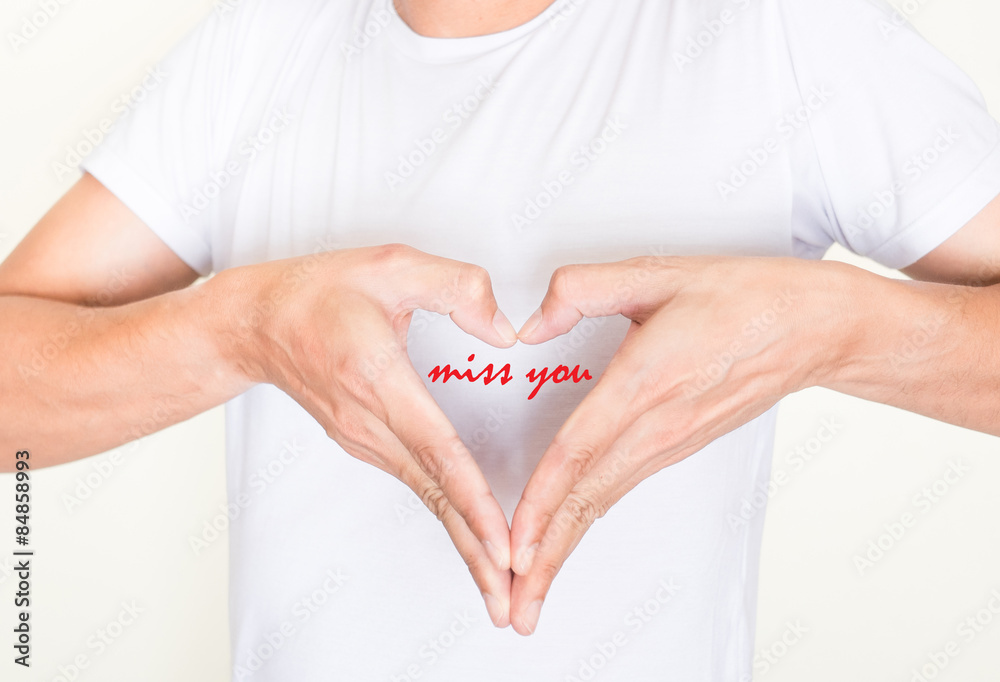 Heart shape hands on left side chest with words - miss you Heart shape hands on left side chest with words - miss you