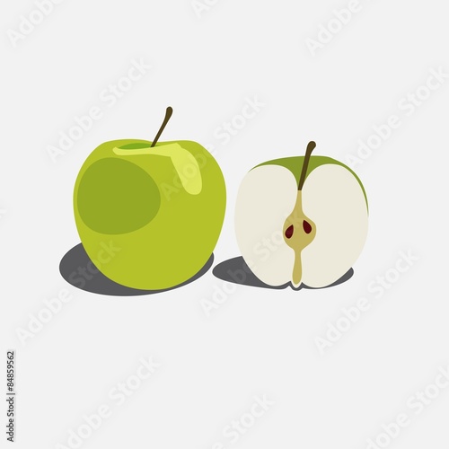 Two green apple. Half of apple and whole apple. Vector eps 10.