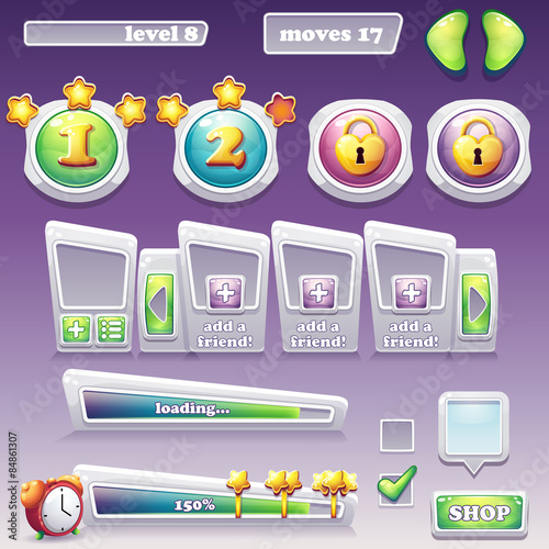 Big set of elements for computer games and web design. Progress bar, buttons and more