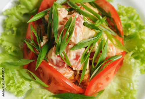 vegetable salad with tomatoes, lettuce, green onions and mushroo photo