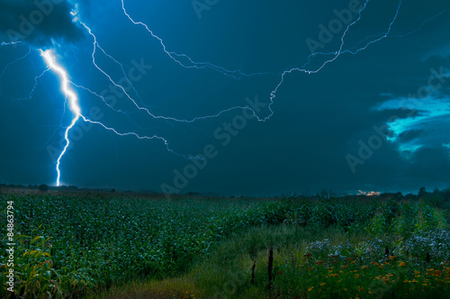 Heavy thunderstorm rolling through a cornfield in sweden.