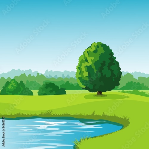 Summer landscape with tree and lake