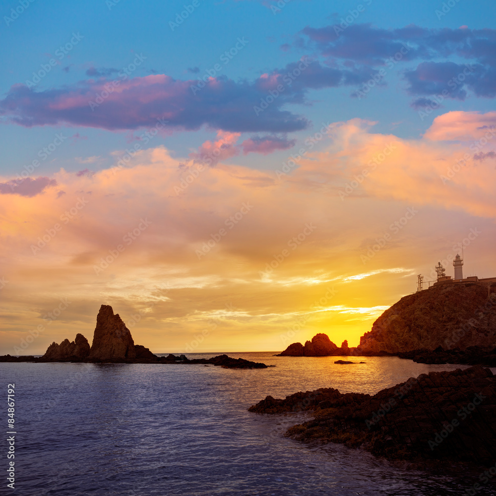 Almeria Cabo de Gata lighthouse sunset in Spain