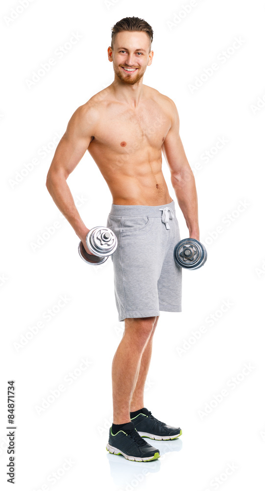 Fototapeta premium Sport man with dumbbells on the white