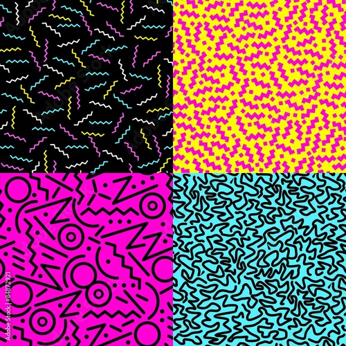 Retro 80s seamless pattern background set