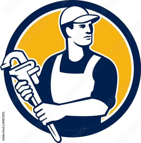 Plumber Wielding Monkey Wrench Circle Retro
