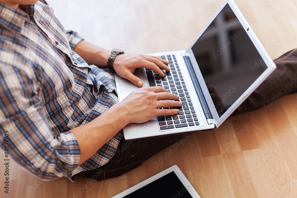 Naklejka premium Laptop, business, using.