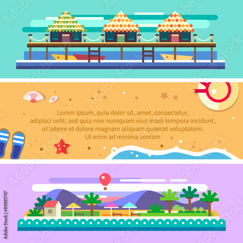 Beach summer landscape. Ocean, boats, sun, palms