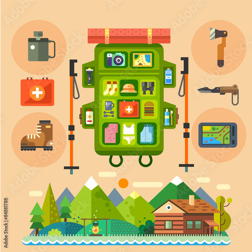 Traveler backpack for a mountains hike. House in the forest. Vector flat illustration