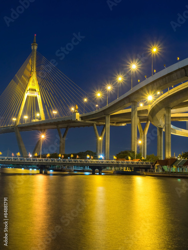 Bhumibhol bridges over Chaophraya river in evening period photo