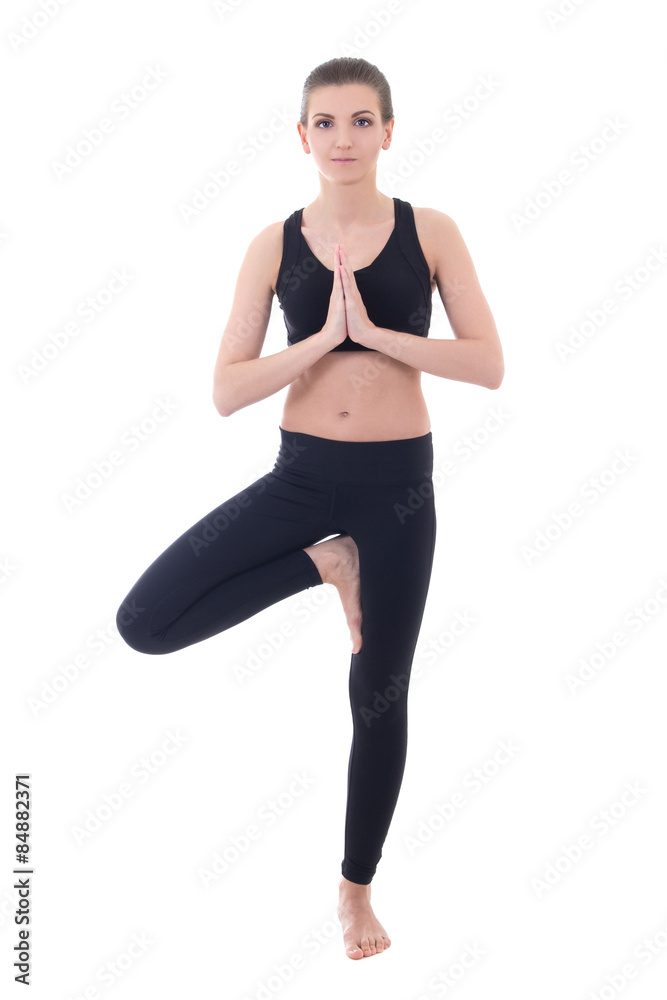 beautiful woman doing yoga isolated on white
