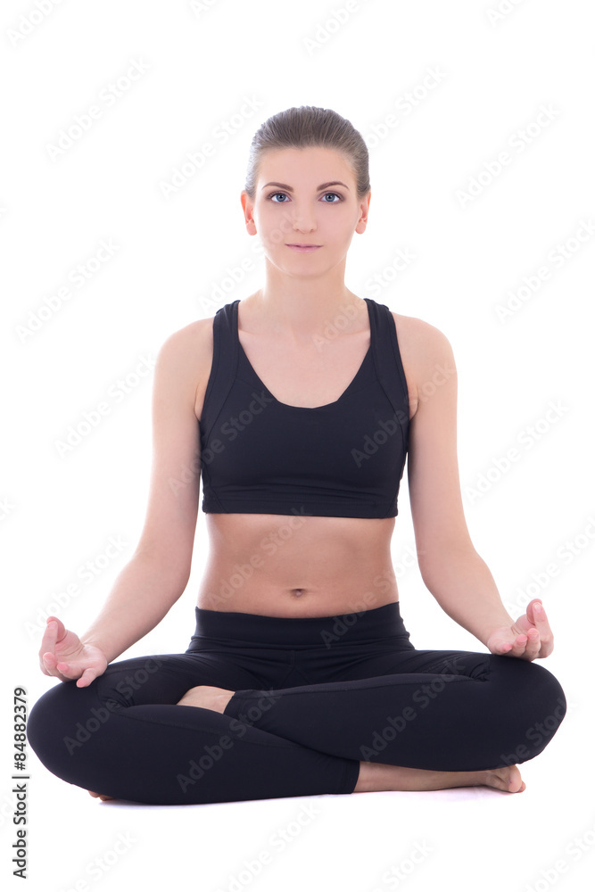 beautiful woman doing yoga in lotus pose isolated on white beautiful woman doing yoga in lotus pose isolated on white