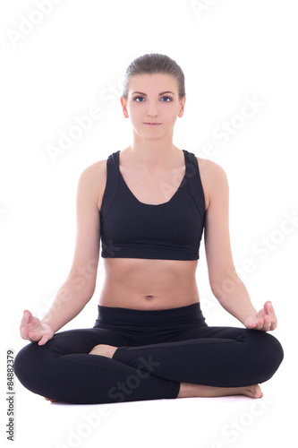 beautiful woman doing yoga in lotus pose isolated on white