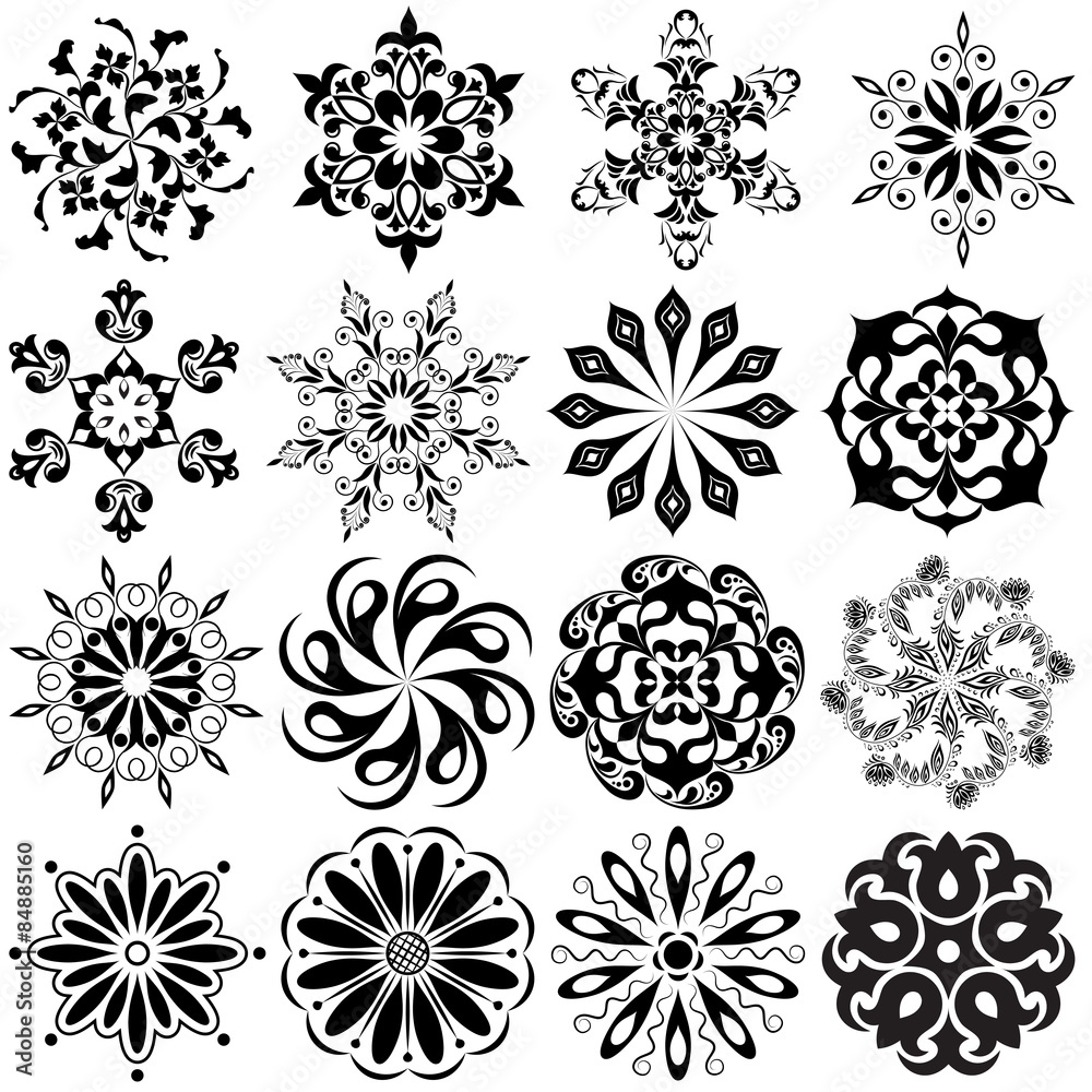 Set of round pattern tattoo. 16 Mandalas in black