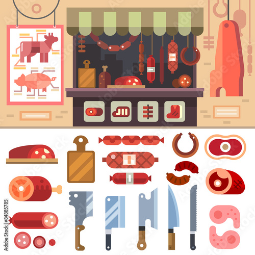Variety of food in the butcher shop, delicious meat products for sale