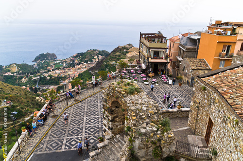 Panorama of Castelmola,Taormina coast and Isola bella in Sicily photo