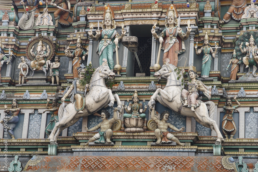 Detail of the Sri Mahamariamman Hindu temple with figures and horses - Kuala Lumpur, Malaysia