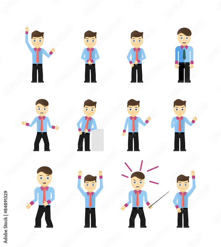 Set of cute young businessmen character poses isolated on white Set of cute young businessmen character poses isolated on white