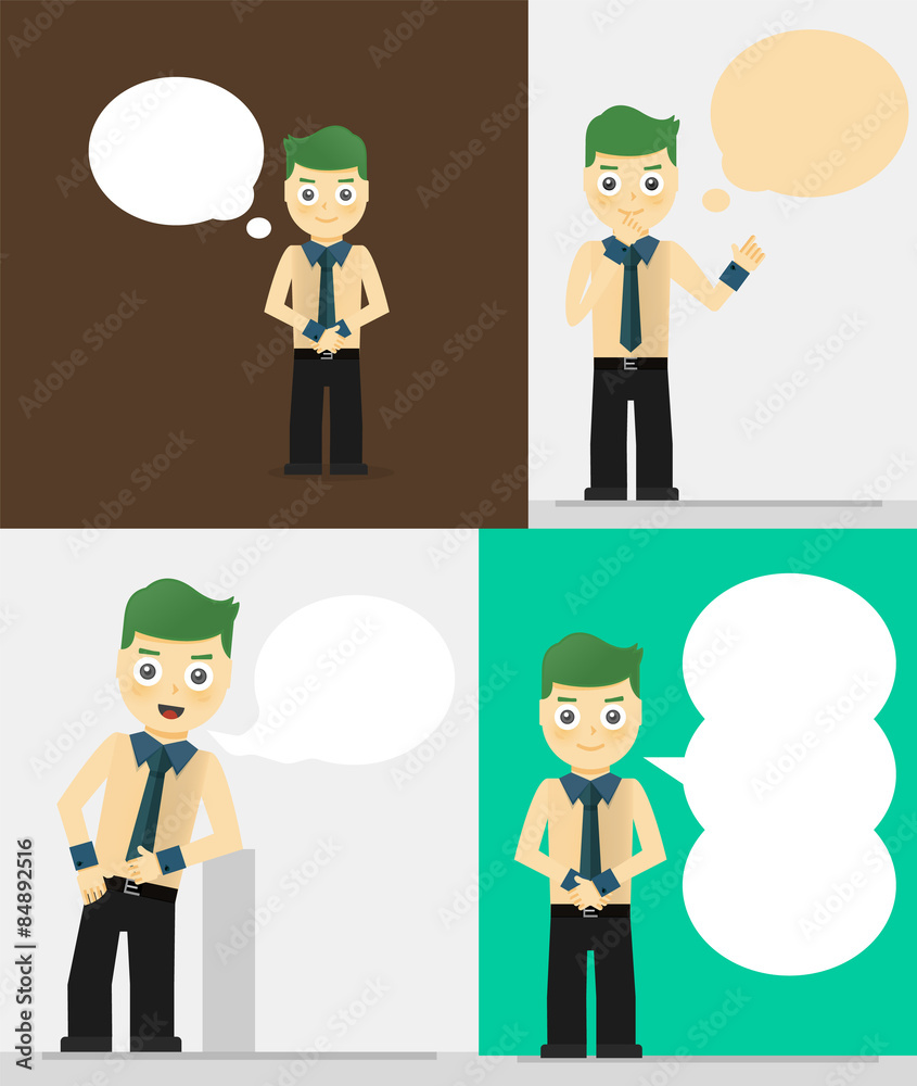 Set of young businessmen with speech bubbles. Talking, thinking Set of young businessmen with speech bubbles. Talking, thinking
