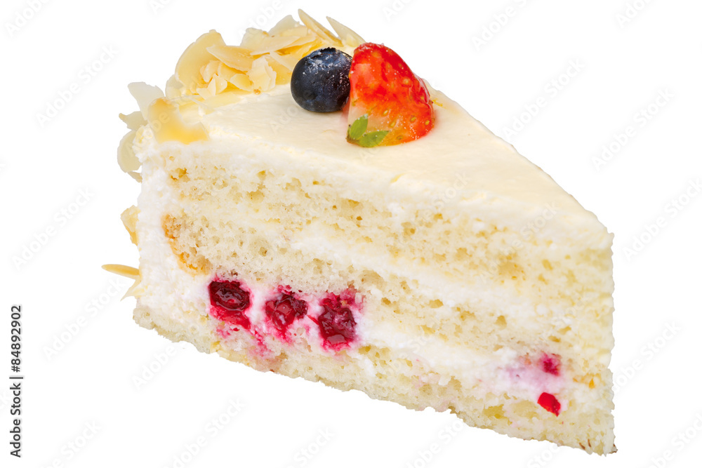 piece of cake on white plate with strawberries piece of cake on white plate with strawberries