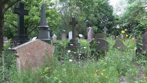Old overgrown grave with wild flowers blowing in the breeze and birdsong on a cloudy day.