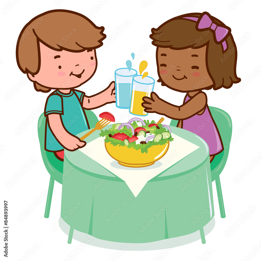 Children at a table eating a healthy salad. Vector illustration Children at a table eating a healthy salad. Vector illustration