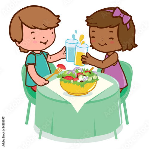 Children at a table eating a healthy salad. Vector illustration