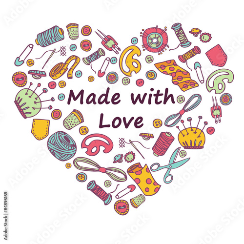 Vector doodle  illustration of sewing and needlework in heart sh