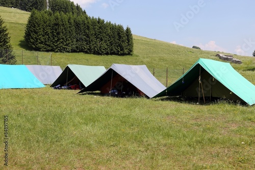 tents of a campsite of the boy scouts in the mountains