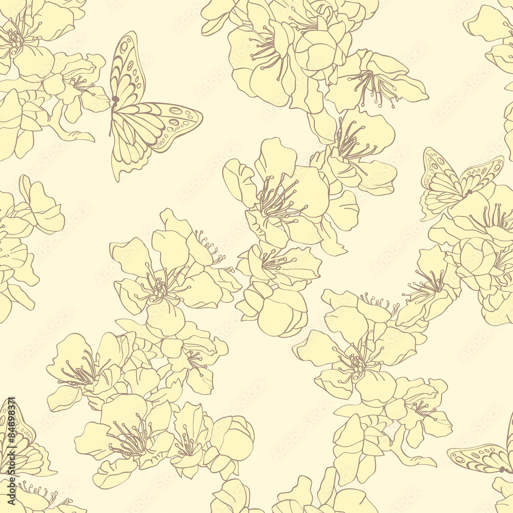 Seamless background with butterflies and blossom apricot
