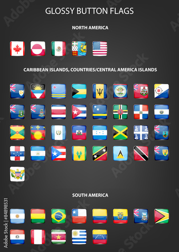 Set of glossy button flags -  North AND South America, Caribbean Islands, countries, Central America Islands.