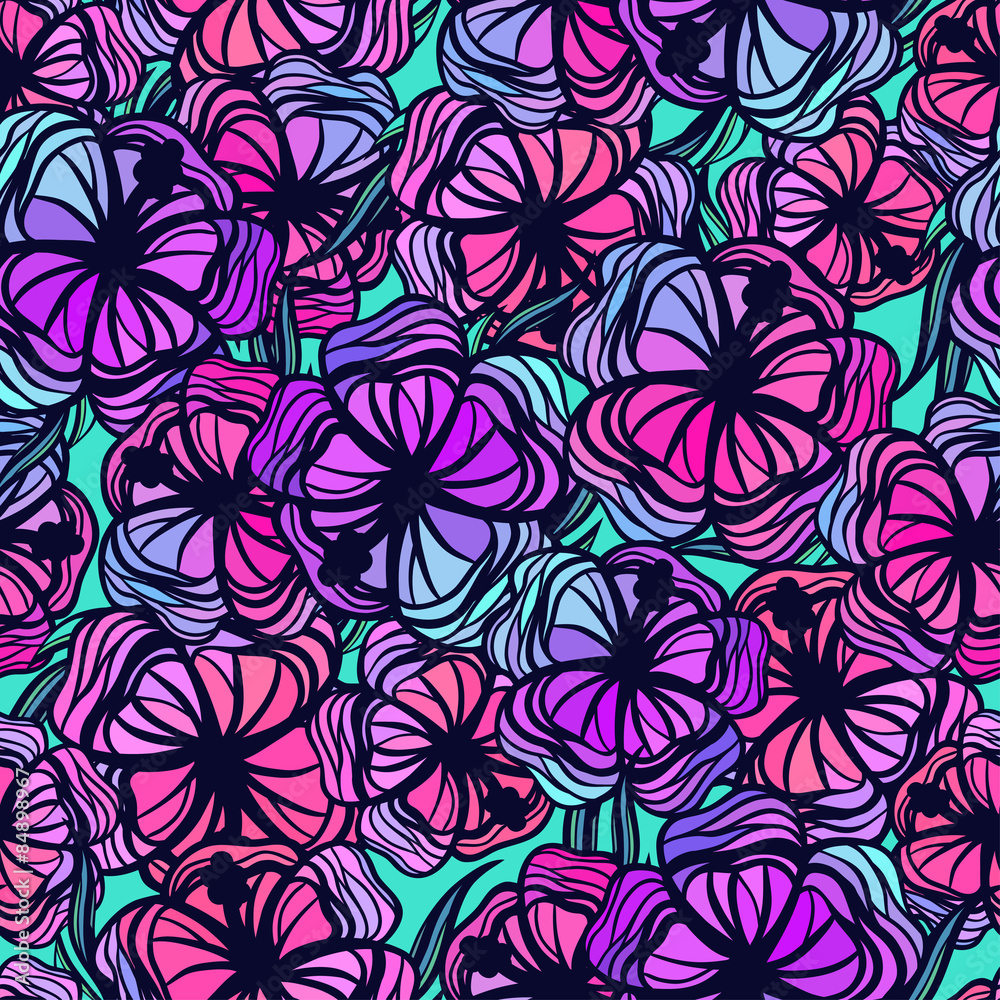 Seamless pattern with stylized colored tropical flowers