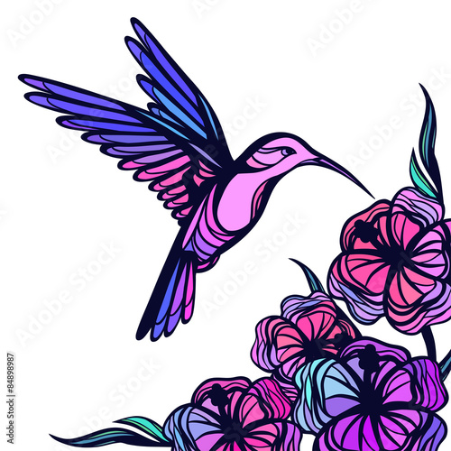 Flying tropical hummingbird on white background with flowers