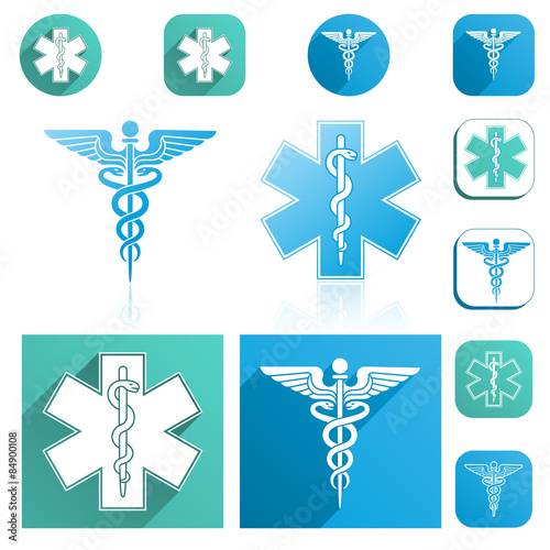 Caduceus and Esculapius Staff Icons Set