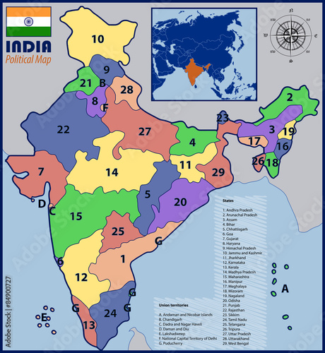 Political Map of India with Flag and Location