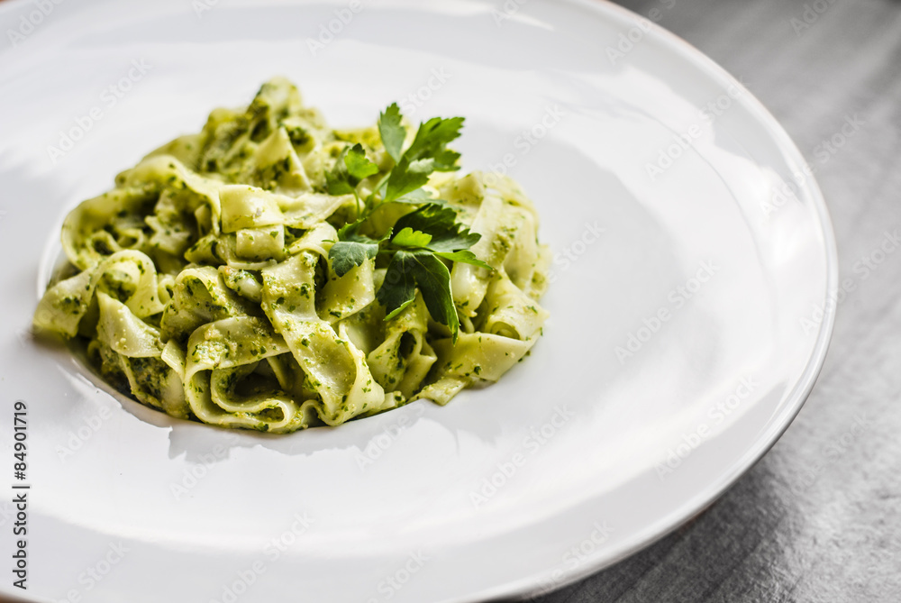 Delicious pasta with parsley and pesto