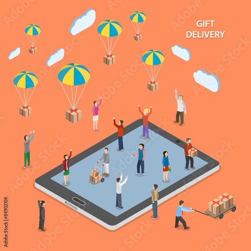 Gift delivery flat isometric vector illustration.