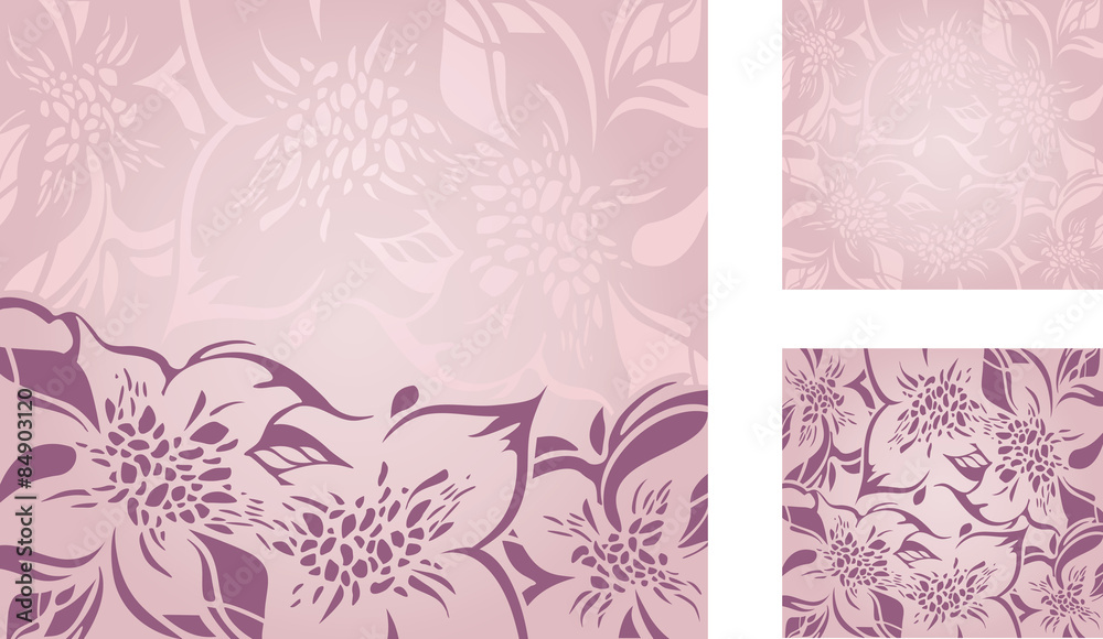 Pink floral decorative holiday background set with violet and ecru ornaments