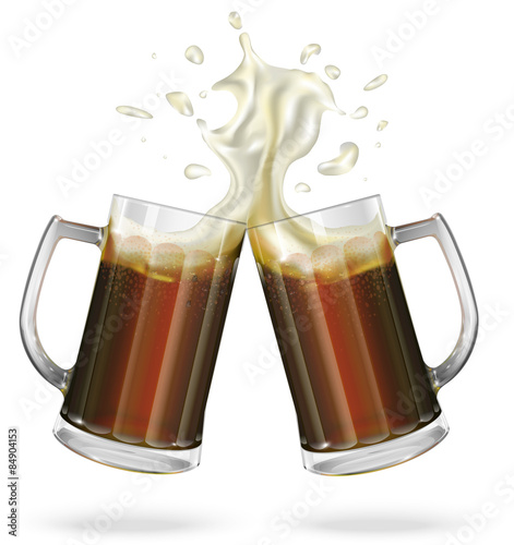 Two mugs with ale, dark beer. Mug with beer. Vector