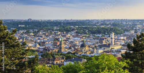 View of the city of Lviv from the High Castle Park at sunset