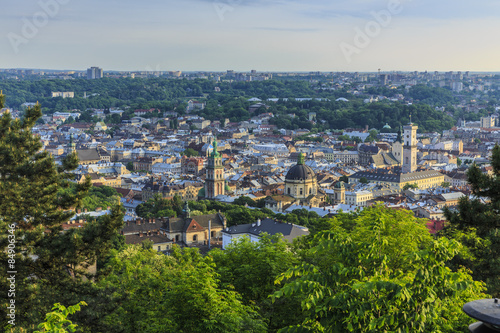 View of the city of Lviv from the High Castle Park at sunset