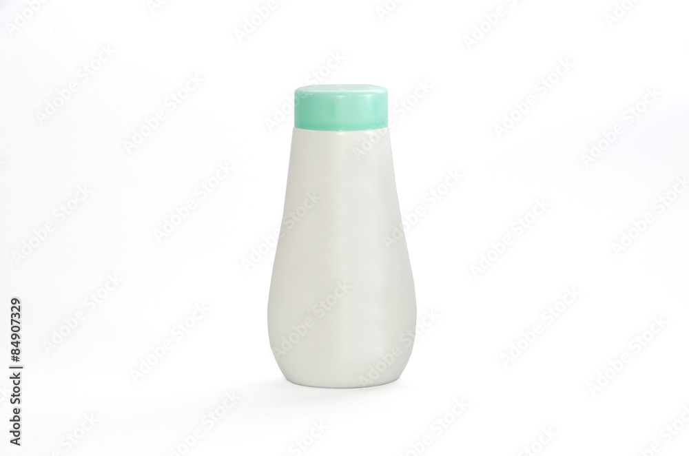 Plastic bottles of talcum powder on white background. Plastic bottles of talcum powder on white background.