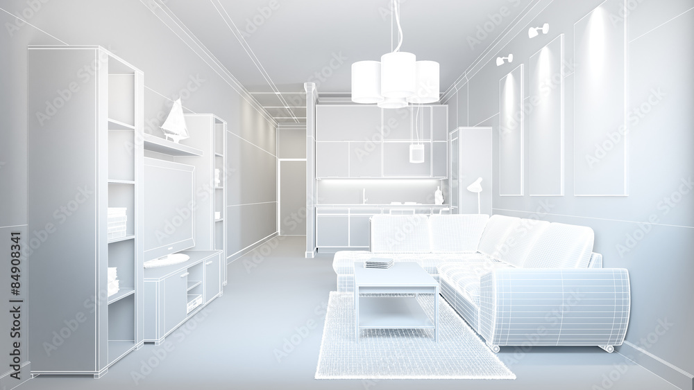 3D interior rendering of a small loft without textures 3D interior rendering of a small loft without textures