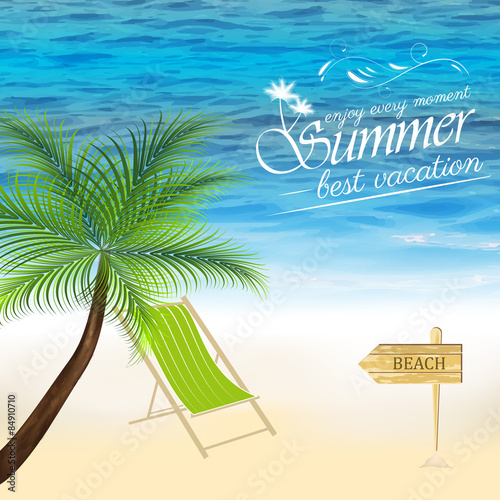 Summer background with palm tree, ocean, beach and lounger © ftotti1984