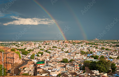 View of Jodhpur (Blue city) after rain with rainbow, Rajasthan, photo