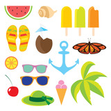Set flat icons Travel and line length summer.