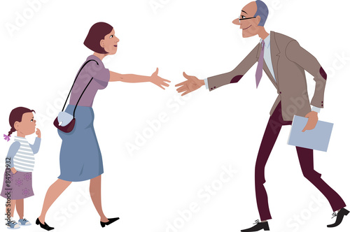 Woman with a little girl meets a teacher, vector cartoon, no transparencies, EPS 8 photo