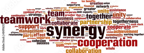 Synergy word cloud concept. Vector illustration